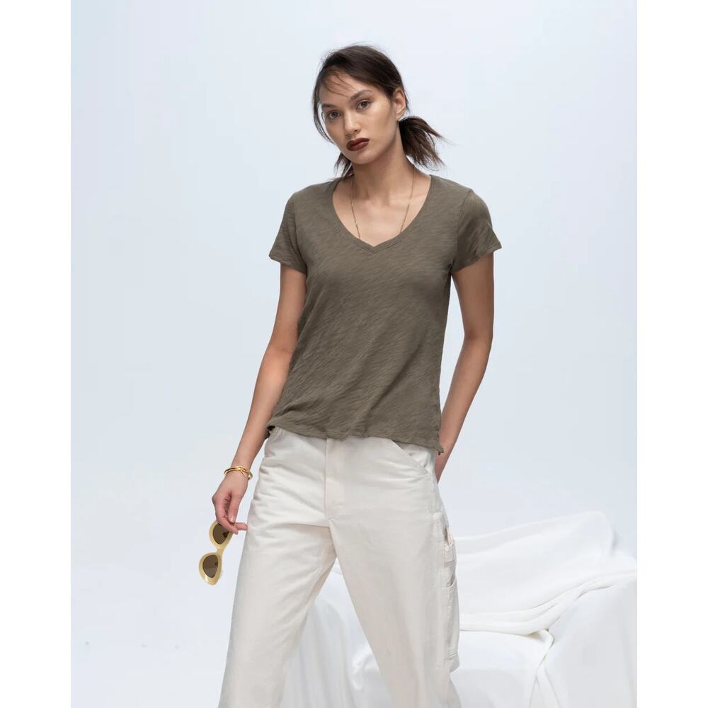 ATM WOMENS SHORT SLEEVE SLUB JERSEY SCHOOLBOY V-NECK TEE